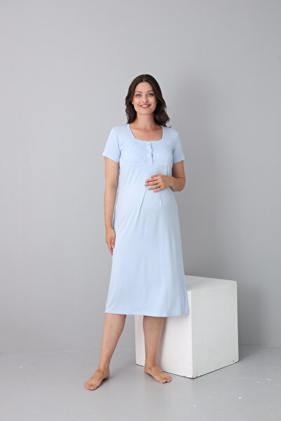 Miss Dünya Lissa Short Sleeve Maternity Nightgown with Lace Detail Suitable for Breastfeeding