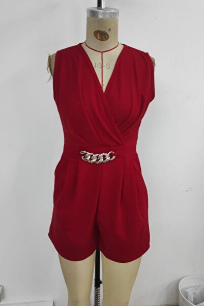 Mossta V-Neck Sleeveless Chain Detailed Shorts Jumpsuit - Red