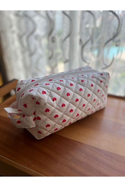 HelloPunch&Bags hellobagsstyle Beyaz KALPLİ Desenli Makyaj Çantası - Büyük Boy