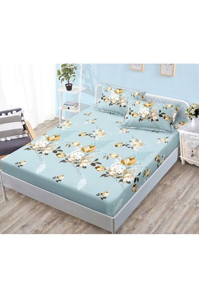 Pucioasa Bed sheet and pillowcase set, floral print, 3 pieces, for 2 persons, 180x200cm, Finet Satin, Blue Mu