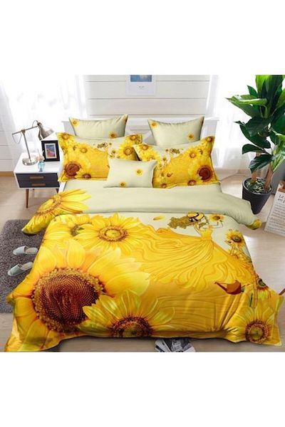 Pucioasa Lenjerie de pat dublu, reversibilă, Pucioasa, Rochie Floarea-soarelui 3D, 6 piese, 2 persoane, 240x250cm, Finet Sa