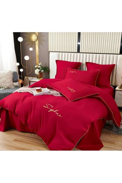 OEM Lenjerie de pat, Uni, Finet, 2 persoane, 6 piese, 230x245cm, Rosu