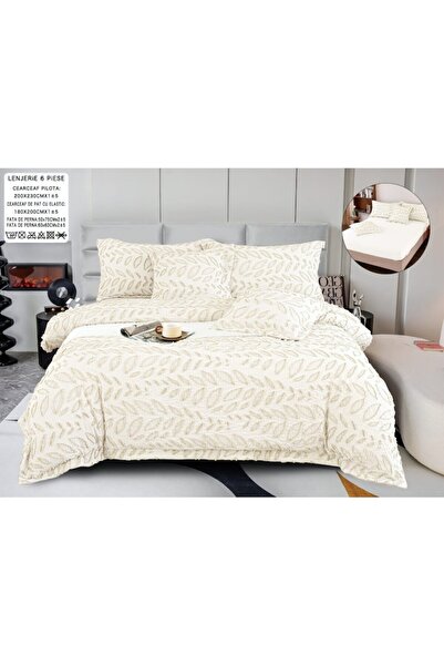 OEM Luxury Bedding Set, Cotton and Linen, Leaves Pattern, 6 Pieces, 2 Persons, 180x200cm, White