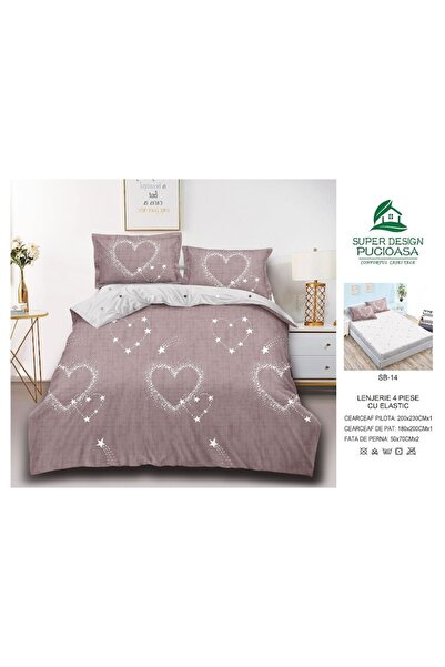 OEM Double bed linen set with elastic, 4 pieces, 180x200cm, Finet hearts and multicolored stars