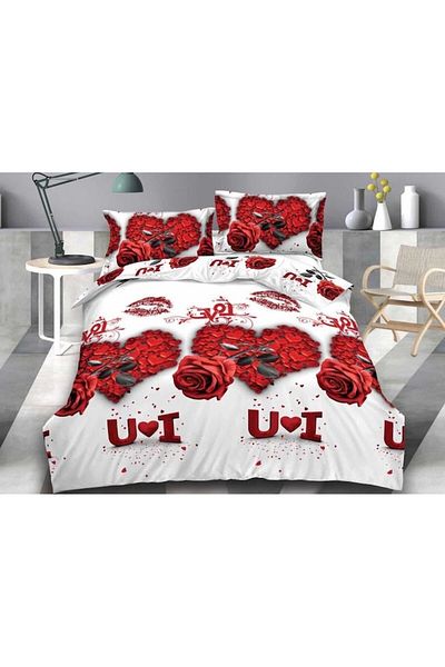 OEM Double Bed Linen, 3D Heart Print, 4 Pieces, 2 Persons, 220x240 cm, Satin Cotton, White Red