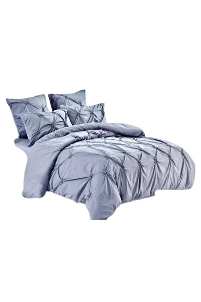 OEM Set de lenjerie de pat dublu, Uni, model cu plise brodate, 6 piese, Finet, 230x250 cm, albastru-gri