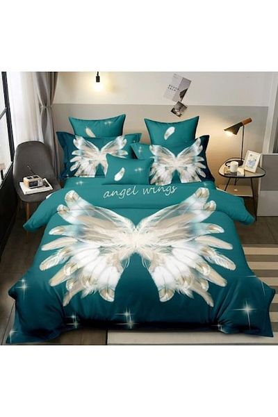 Pucioasa Lenjerie de pat dublu 2 fețe, Pucioasa, imprimare 3D Wings, 6 piese, 2 persoane, 240x250cm, Satin Finet, Turq