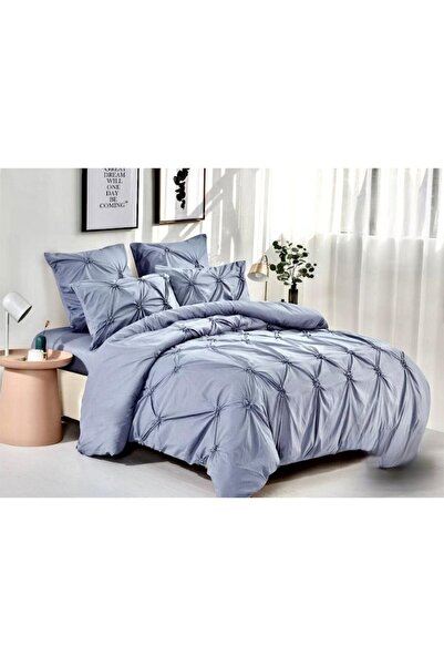 OEM Set de lenjerie de pat dublu, Uni, model cu plise brodate, 6 piese, Finet, 230x250 cm, albastru-gri