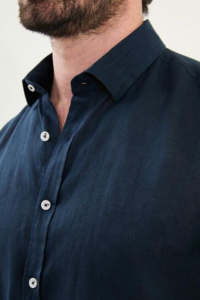 Mcr Plain Slim Fit Long Sleeve 100% Linen Men's Shirt Navy Blue - 27079.25Y