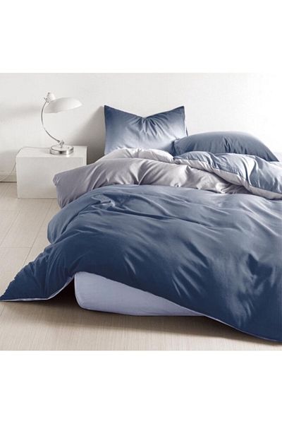 OEM Lenjerie pat, Imprimeu Degrade, 4 piese, 1 persoana, 155x220cm, Finet Satinat, Bleumarin