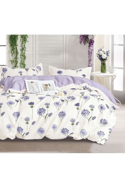 OEM Bed Linen, Floral Print, 4 Pieces, Single, 155x220cm, Finet Satin, White-Lilac