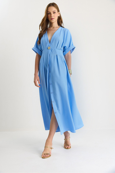 Bianco Lucci Kadın V Yaka Gold Düğme Detaylı Keten Elbise 5266 60281107