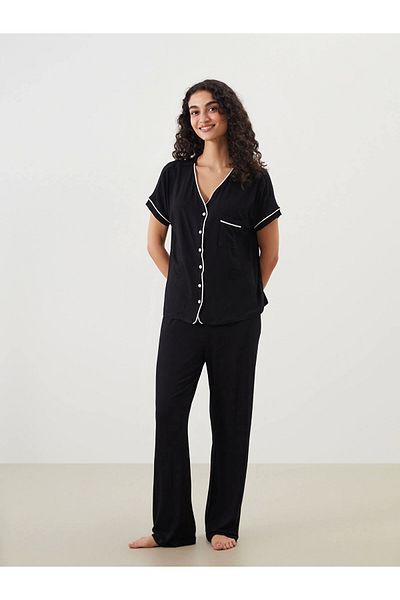 LC Waikiki Costum de pijama pentru femei LCW DREAM negru cu decolteu în V