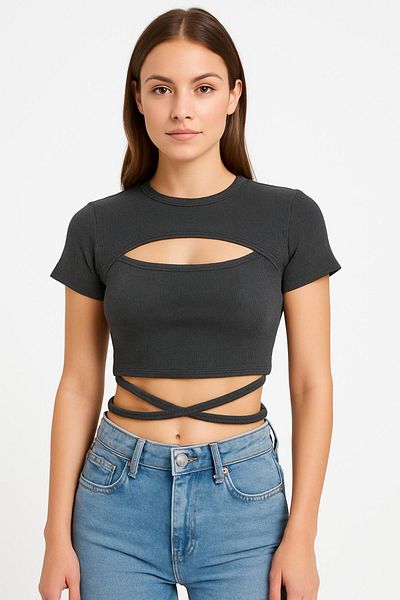 SWALORA Crew Neck Short Sleeve Ribbed Cotton Blouse Crop T-Shirt with Rope Tie Detail