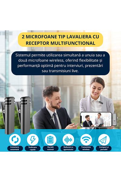 Tzappy Set 2 Microfoane Profesionale Lavaliera, Tzappy, USB C, 3.5 Jack, Lightning, WiFi, 2.4 GHz, Reincarc