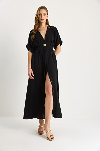 Bianco Lucci Women's V-Neck Gold Button Detailed Linen Dress 5266 60281107