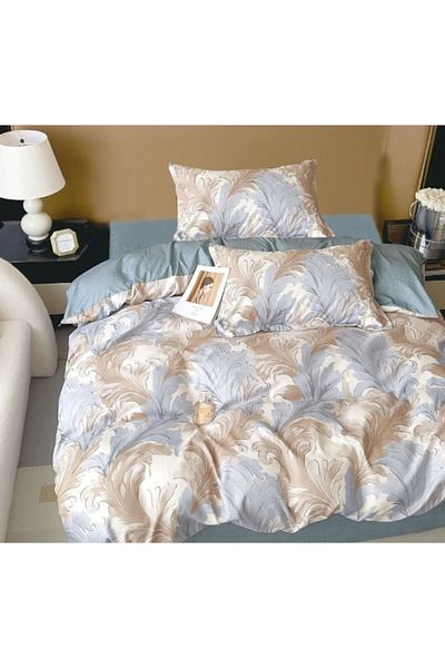 OEM Set de lenjerie de pat, imprimeu cu pene, 4 piese, 1 persoană, 155x220cm, satin fin, bej-albastru