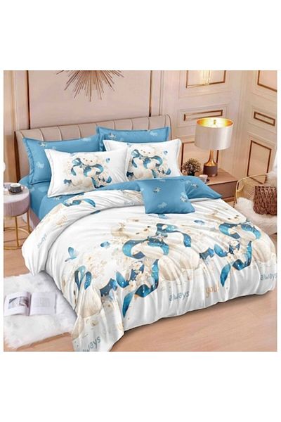 OEM Double Bed Linen Set, Reversible, 6 Pieces, Bear Print, Multi-colored, Satin Cotton