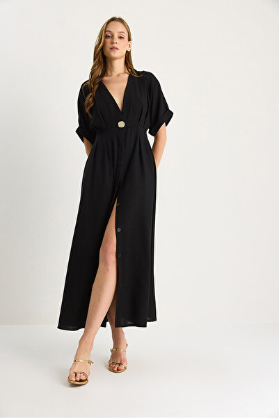 Bianco Lucci Women's V-Neck Gold Button Detailed Linen Dress 5266 60281107