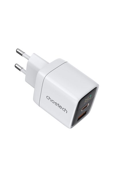 CHOETECH Mała mocna ładowarka sieciowa GaN USB-A USB-C PD 35W z wyświetlaczem biała