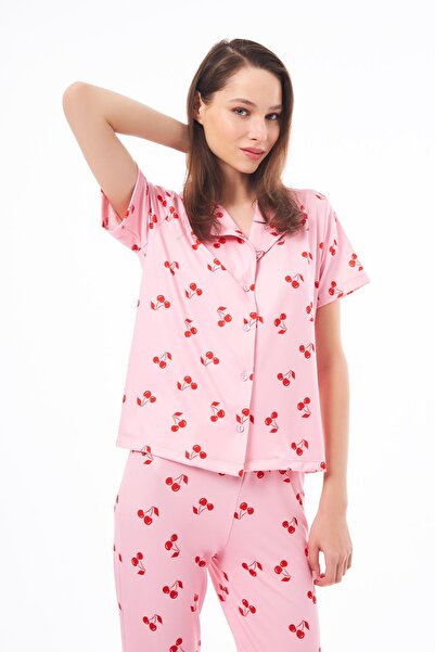 Cottonhill Premium Kadın Pijama Takımı Kiraz Desenli Yumuşak Dokulu Kısa Kollu Gömlek Yaka