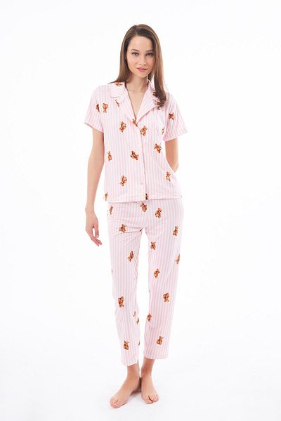 Cottonhill Premium Women's Pajama Set Cream Teddy Bear Patterned Soft Textured Short Sleeve Shirt Collar