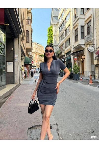 Modafeminen Ruched Short Sleeve Smocked Dress 583013 Smoked