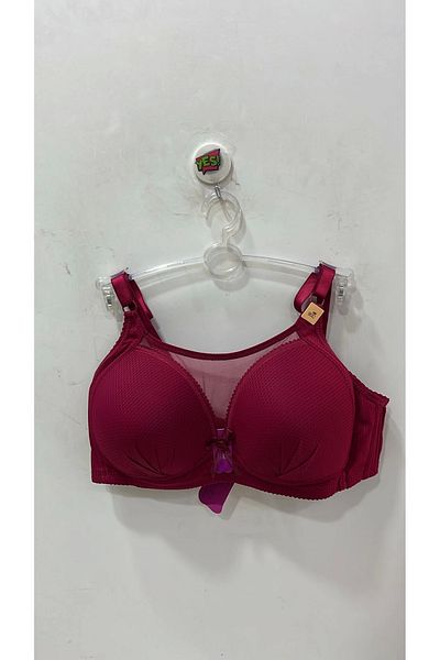 F.K Women's C Cup Front Tulle Detailed Underwireless Gathering Burgundy Bra - 704