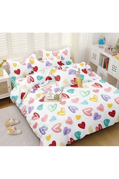 OEM Bed Linen Set, Elastic Sheet, Satin Cotton, Double, 4 Pieces, Pastel Hearts Print, 180x200cm, Multic