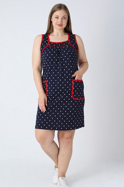 İntensive Women's Plus Size Navy Blue Polka Dot Strap Piping Pocket Cotton Dress