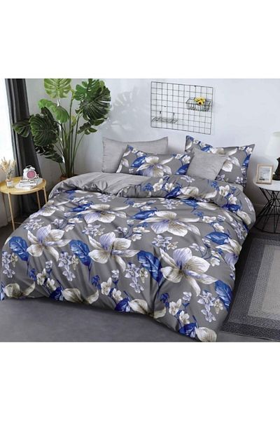 OEM Lenjerie de pat dublă, 6 piese, 2 persoane, 180x200cm, Finet, imprimeu floral, gri-albastru