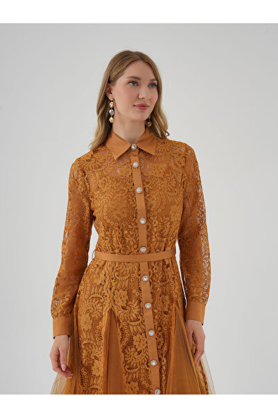 SERPİL Dantel ve Tül Detaylı Uzun Kollu Belden Kuşaklı Elbise