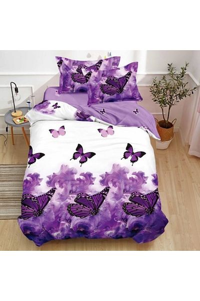 OEM Lenjerie de Pat, Finet Satinat, 1 Persoana, 150x220 cm, 4 Piese, Imprimeu Fluturi, Mov-Alb