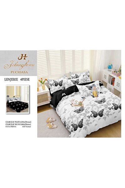 OEM Double Bed Set, Satin Cotton, 4 Pieces, Butterfly Print, Black-White