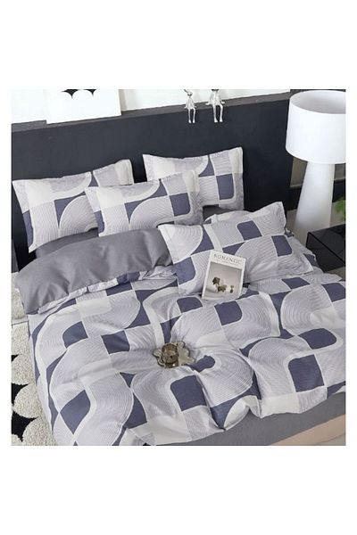 OEM Lenjerie pat dublu, 6 piese, 2 persoane, 240x250cm, Material Bumbac Satinat, imprimeu Abstract, Gri-