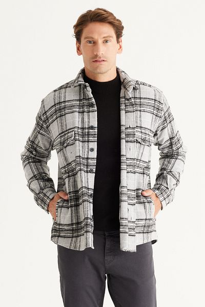 AC&Co / Altınyıldız Classics Jachetă de iarnă în carouri, gri oversize, cu guler cu nasturi