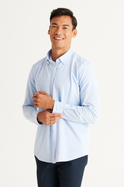 AC&Co / Altınyıldız Classics Erkek Açık Mavi Slim Fit Dar Kesim Düğmeli Yaka Pike Desenli Örme Gömlek