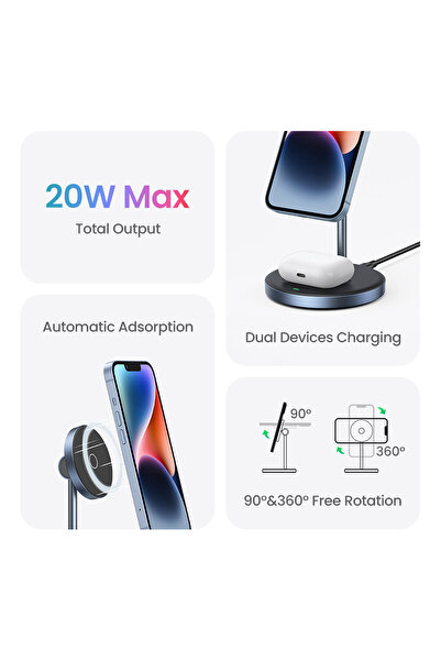 Ugreen 2w1 Stacja ładująca 20W i podstawka magnetyczna MagSafe Qi USB-C czarna