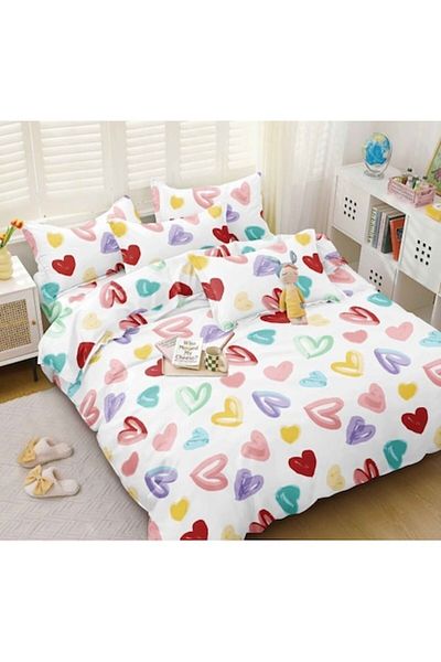 OEM Bed Linen Set, Elastic Sheet, Satin Cotton, Double, 4 Pieces, Pastel Hearts Print, 180x200cm, Multic