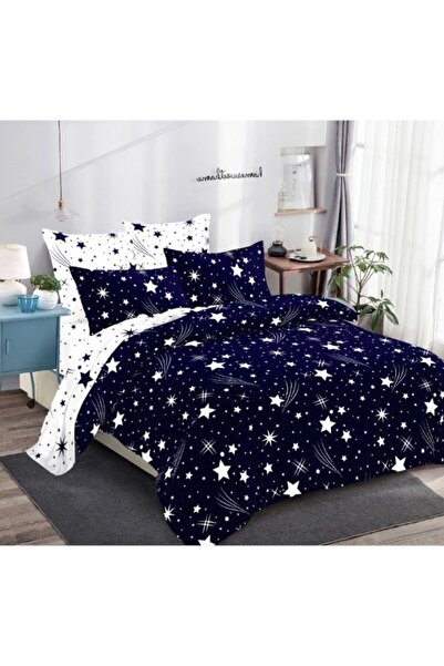 OEM Lenjerie de Pat, Finet, 6 piese, 2 persoane, 230x250cm, Imprimeu Stele, Bleumarin-Alb