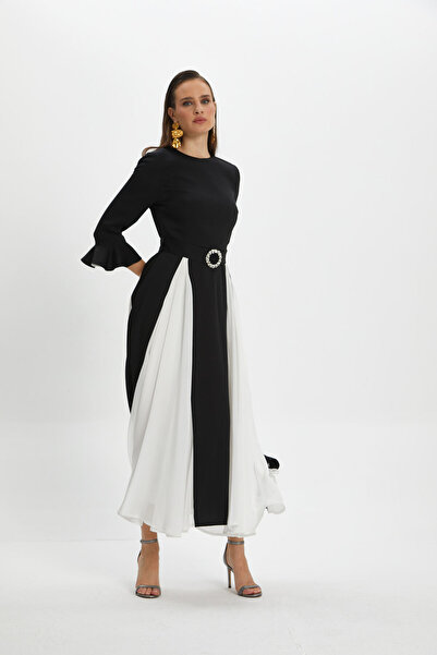 SERPİL Şifon Detaylı Taş Tokalı Volan Kol Uzun Elbise