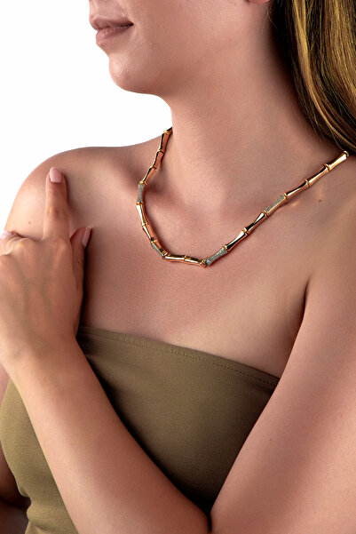 innuendo jewelery قلادة بمظهر الخيزران مع حجر ذهبي اللون