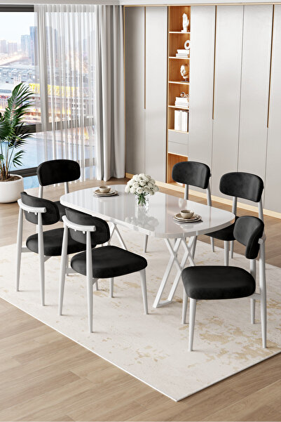 Canisa Jolin Serisi Mdf 90x168 Beyaz Mutfak Masa Takımı 6 Siyah Metal Sandalye