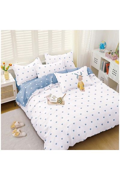 OEM Lenjerie de pat dublă, bumbac satinat, 4 piese, model cu inimioare, alb-albastru