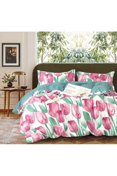OEM Lenjerie pat, Imprimeu Lalele, 4 piese, 1 persoana, 155x220cm, Finet Satinat, Multicolor