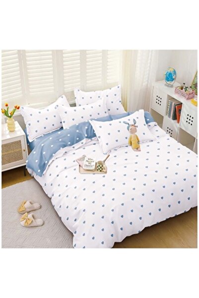 OEM Lenjerie de pat dublă, bumbac satinat, 4 piese, model cu inimioare, alb-albastru