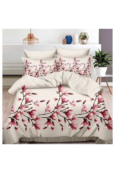 OEM Double Bedding Set, 2 Sides, Magnolia Print, 6 Pieces, 2 Persons, 180x200cm, Satin Finish, Multicolo