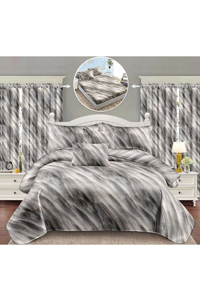 OEM Lenjerie si Draperii, 8 Piese, Cearsaf cu Elastic, 2 persoane, Finet Elegant, Imprimeu Abstract, Gri