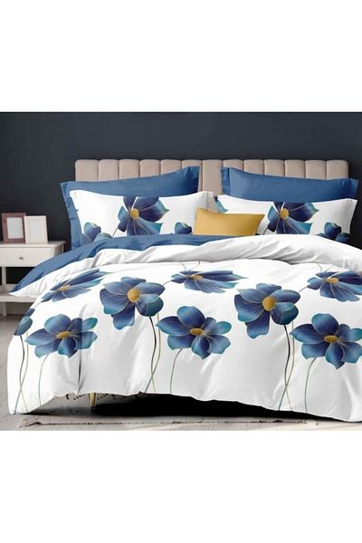 OEM Double Bed Sheet, Reversible, 6 pieces, Blue Royal Flowers, 2 persons, 230x245cm, Finet, Multicolor