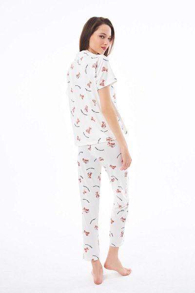 Cottonhill Premium Women's Pajama Set Teddy Bear Patterned Soft Textured Short Sleeve Shirt Collar